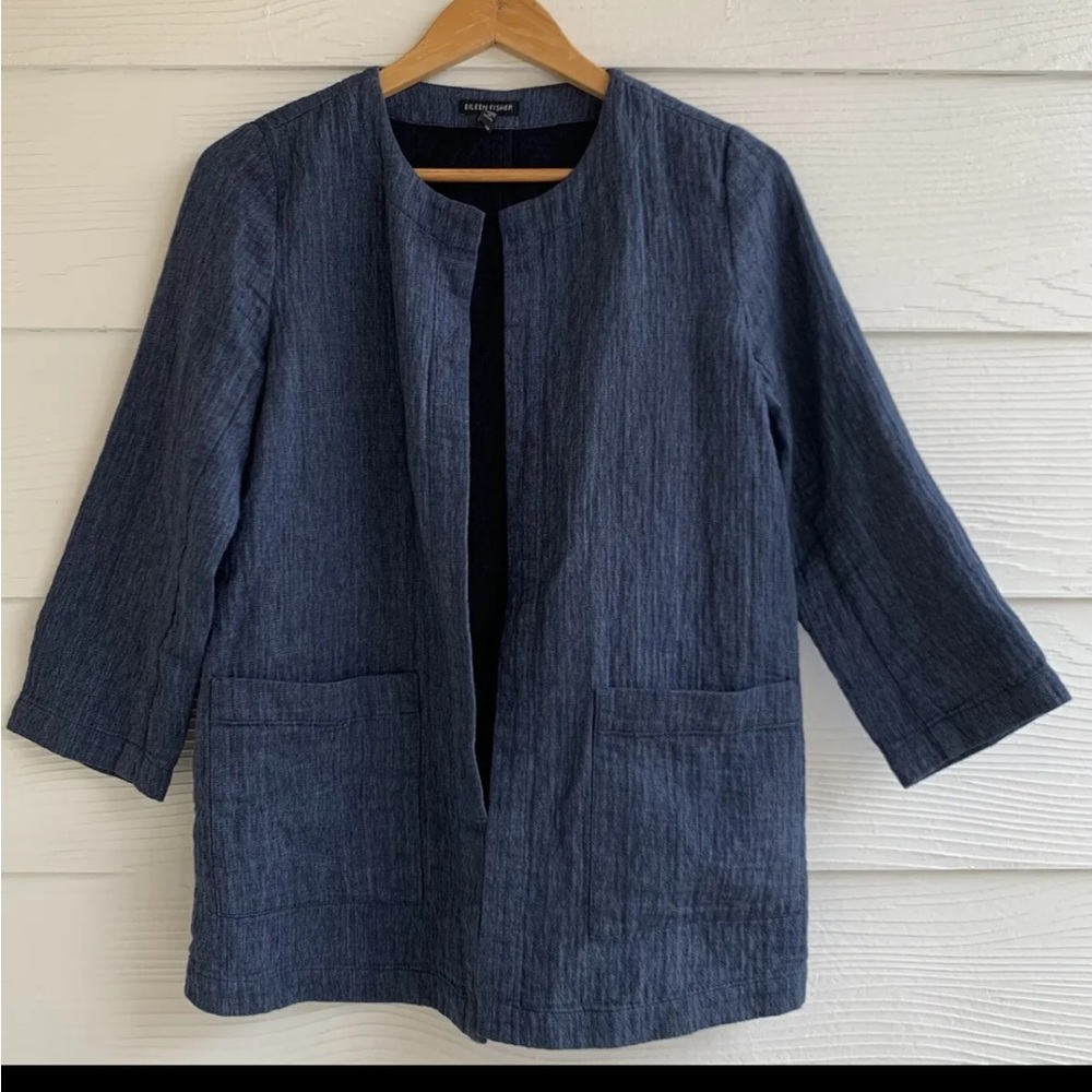 Eileen Fisher Blue Blazer Jacket size XS Open Front Cotton Linen Blend Pockets